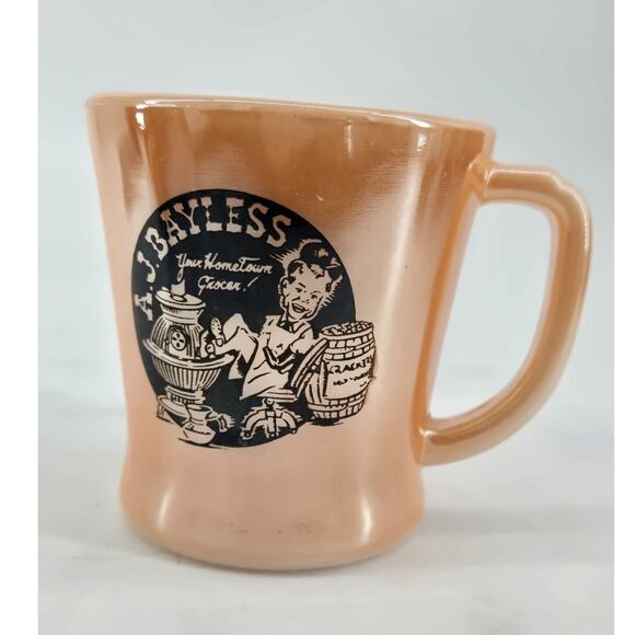 Mid Century J A Bayless Fireking Advertising Grocery Peach Luster Handled Mug - Picture 3 of 8